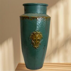 Teal Decorative Metal Floor Vase with Antique Gold Accent